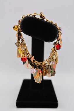 Lunch at The Ritz Vintage Cat Charm Bracelet Bird Fish Crystal Signed 1990s Bin6
